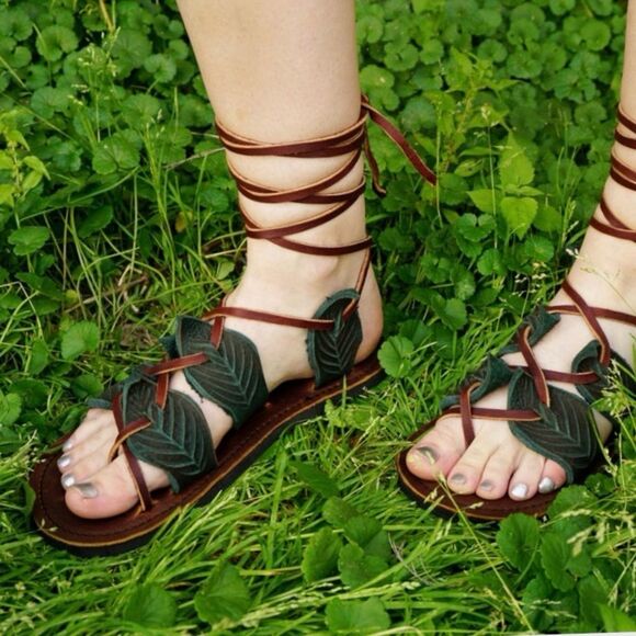 Shoes - Handmade Leather Lace Up Sandals Unisex Gladiator Forest Leaves Fairy Pixie W6/7